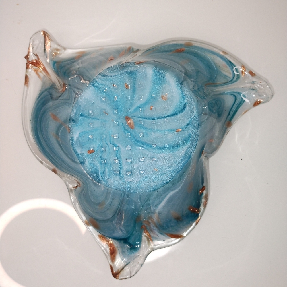 HandBlown Murano Lavorazione Blue Petal Art Glass Bowl with Gold Aventurine - Picture 3 of 10